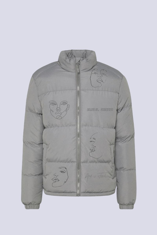 Grey Abstract Reflective Emblems Puffer Jacket