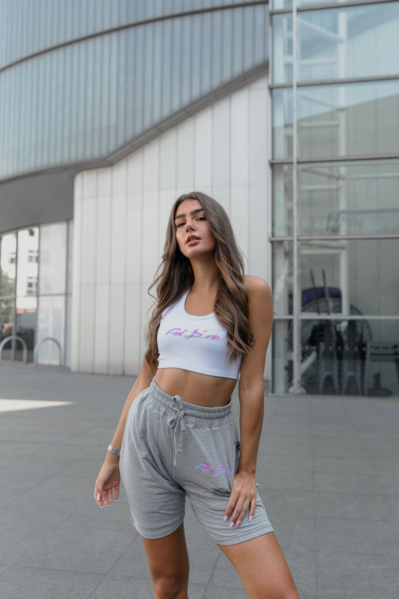 White Double-Vision Blue and Pink Logo Crop Top
