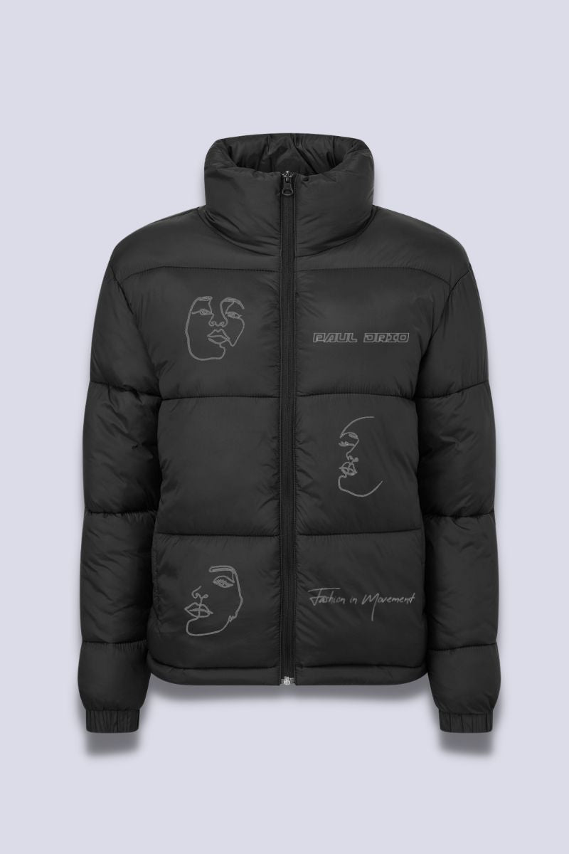 Black Puffer Jacket with Reflective Emblems